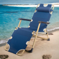 Кресло-шезлонг складное усиленное с регулировкой спинки и подушкой, синий / Прочное портативное кемпинговое кресло