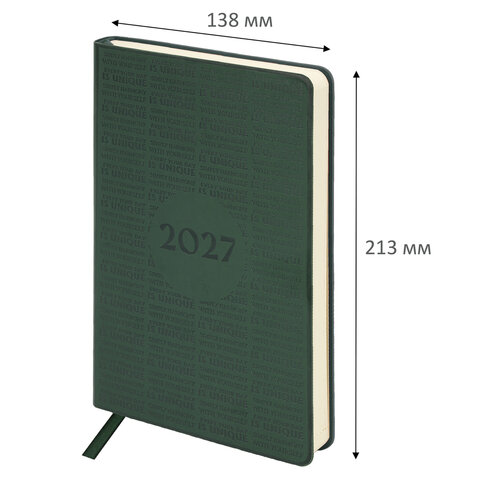 Ежедневник датированный 2027, А5, 138х213 мм, BRAUBERG "Aura", под кожу, гибкий, зеленый, 117932