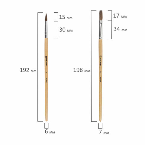 Кисти BRAUBERG, набор 4 шт. (пони, круглые № 2, 3, 4, плоская № 6), блистер, 200221