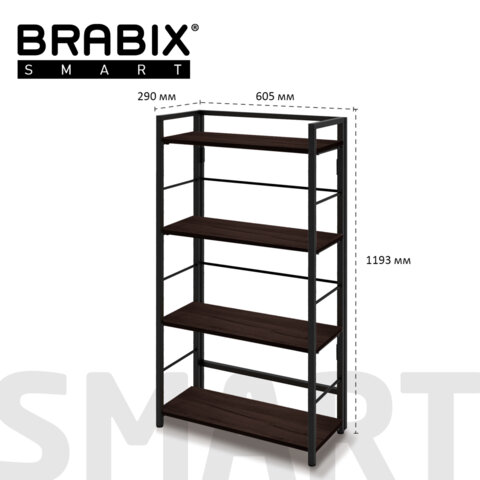 Стеллаж BRABIX "Smart SH-005", 605х290х1193 мм, ЛОФТ, прямой, складной, металл/ЛДСП ясень, каркас черный, 641869