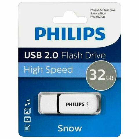 Флеш-диск 32 GB PHILIPS SNOW, разъем USB 2.0, черный, FM32FD70B/97