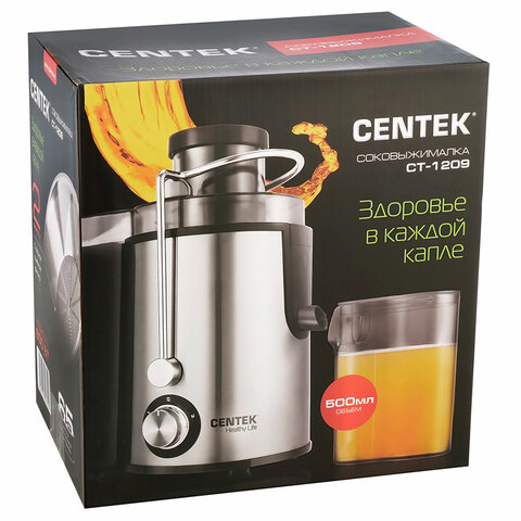 Соковыжималка CENTEK CT-1209, 600 Вт, стакан 0,5 л, емкость для жмыха 1,5 л, металл, сталь/черный