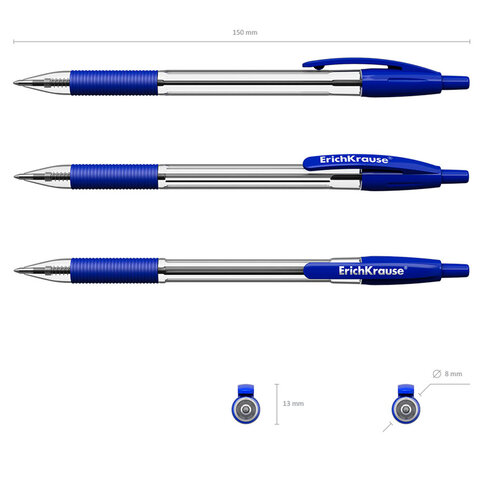 Ручка шариковая автоматическая с грипом ERICH KRAUSE "R-301 Classic", СИНЯЯ, 1,0 мм, линия письма 0,5 мм, 46758