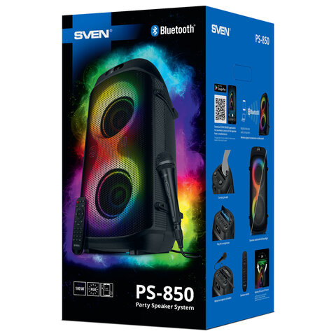 Колонка портативная SVEN PS-850, 100 Вт, TWS, Bluetooth, FM, USB, microSD, LED-дисплей, черная, SV-022679