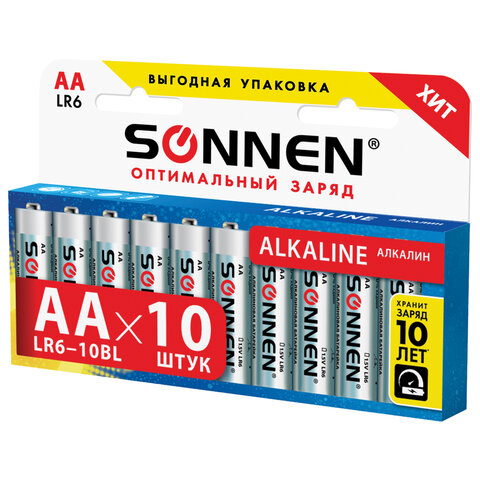 Батарейки КОМПЛЕКТ 10 шт., SONNEN Alkaline, АА (LR6, 15А), алкалиновые, пальчиковые, короб, 451086