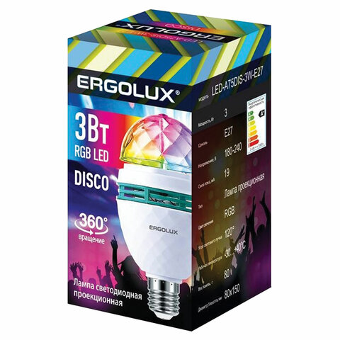 Светодиодная проекционная DISCO лампа ERGOLUX LED-A75DIS-3W-E27, вращение на 360 градусов, RGB, 14541