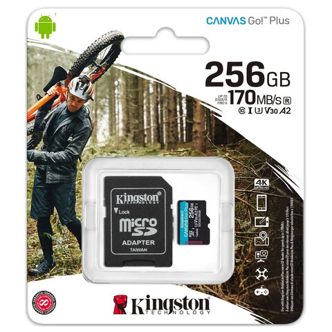 Карта памяти microSDXC 256GB KINGSTON Canvas Go Plus UHS-I U3, 170 Мб/с (class 10), SDCG3/256GB