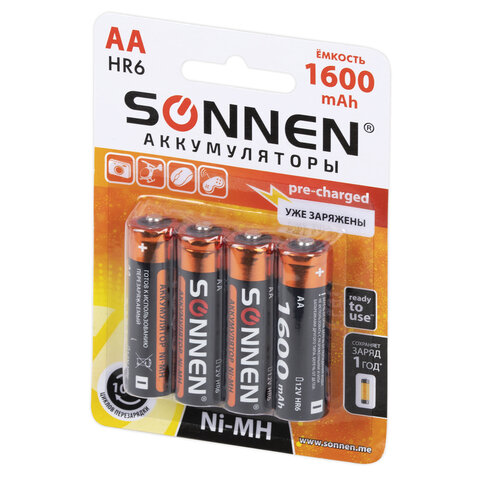 Батарейки аккумуляторные Ni-Mh пальчиковые КОМПЛЕКТ 4 шт., АА (HR6) 1600 mAh, SONNEN, 455605