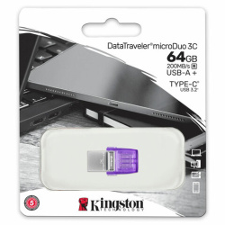 Флеш-диск 64 GB KINGSTON D microDuo 3C, разъем USB 3.1, Type-C, корпус, DTDUO3CG3/64GB