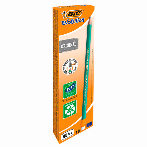 Карандаш чернографитный BIC, 1 шт., "Evolution", HB, с ластиком, корпус зеленый, 8803323