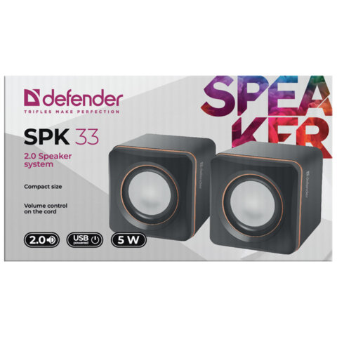 Колонки компьютерные DEFENDER SPK-33, 2.0, 5 Вт, 3,5 мм джек, пластик, черные, 65633