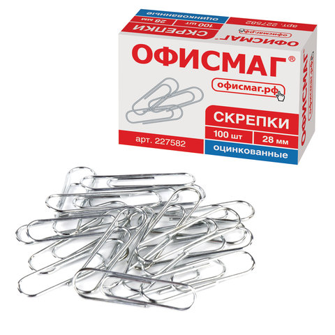 Скрепки ОФИСМАГ, 28 мм, оцинкованные, 100 шт., в картонной коробке, 227582