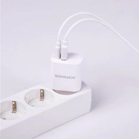 Зарядное устройство быстрое сетевое (220 В) SONNEN, USB QC 3.0 + Type-C PD 20 Вт, 3 А, белое, 455505