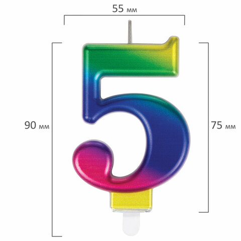 Свеча-цифра для торта "5" "Радужная", 9 см, ЗОЛОТАЯ СКАЗКА, с держателем, в блистере, 591438