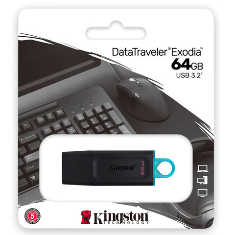 Флеш-диск 64GB KINGSTON DataTraveler Exodia, разъем USB 3.2, черный/бирюзовый, DTX/64GB