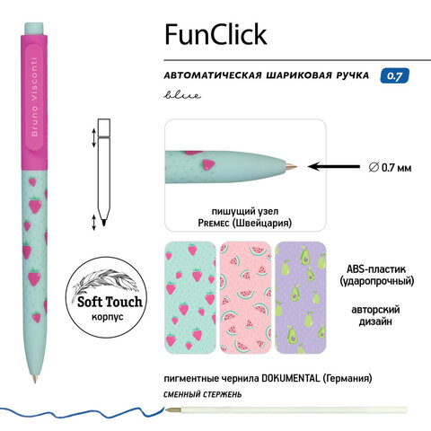 Ручка шариковая автоматическая BRUNO VISCONTI "FunClick", СИНЯЯ, "Fruit Rain", ассорти, линия письма 0,5 мм, 20-0297/06