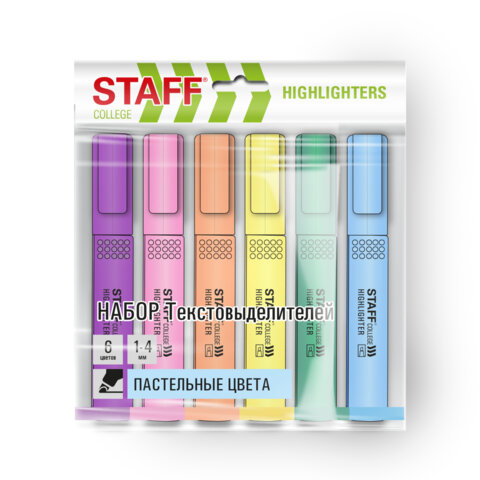 Набор текстовыделителей 6 ПАСТЕЛЬНЫХ ЦВЕТОВ, АССОРТИ, STAFF College STICK PASTEL, линия письма 1-4 мм, скошенный наконечник, 152532