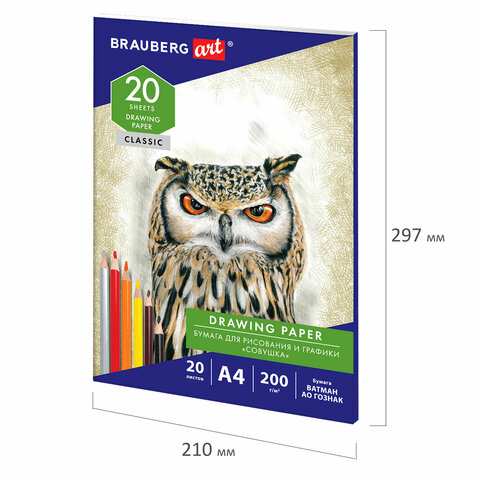 Бумага для рисования и графики в папке А4, 20 л., 200 г/м2, ВАТМАН ГОЗНАК, BRAUBERG ART CLASSIC, 114492