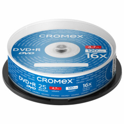 Диски DVD+R (плюс) CROMEX, 4,7 Gb, 16x, Cake Box (упаковка на шпиле), КОМПЛЕКТ 25 шт., 513777