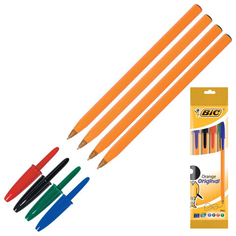 Ручки шариковые BIC "Orange Original", НАБОР 4 ЦВЕТА, узел 0,8 мм, линия 0,3 мм, пакет, 8308541