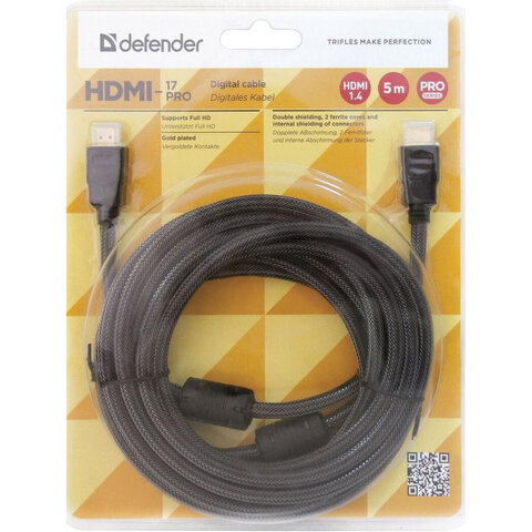 Кабель HDMI, 5 м, DEFENDER, M-M, для передачи цифрового аудио-видео, 87460