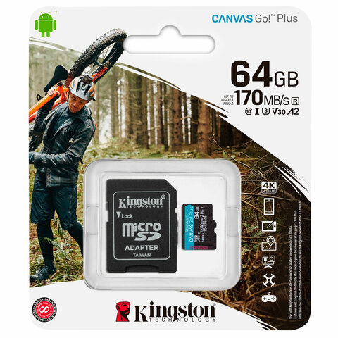 Карта памяти microSDXC 64GB KINGSTON Canvas Go Plus UHS-I U3, 170 Мб/с (class 10), SDCG3/64GB