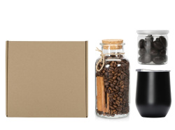 Подарочный набор с термокружкой, кофе и миндалем в шоколаде, Цвет черный