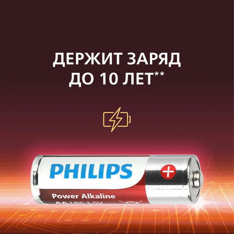 Батарейки алкалиновые "пальчиковые" КОМПЛЕКТ 20 шт., PHILIPS Power Alkaline, АА (LR6, 24А), блистер, Б0064673