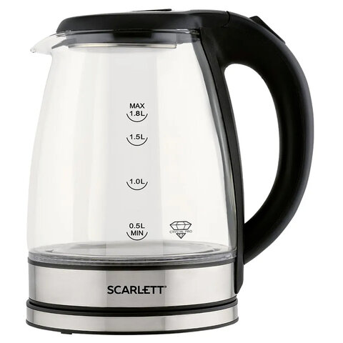 Чайник SCARLETT SC-EK27G88, 1,8 л, 1800 Вт, закрытый нагревательный элемент, стекло, черный