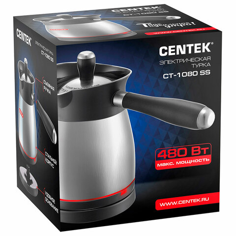 Турка электрическая CENTEK CT-1080, 0,5 л, 480 Вт, механическое управление, с крышкой, стальная, CT-1080 SS