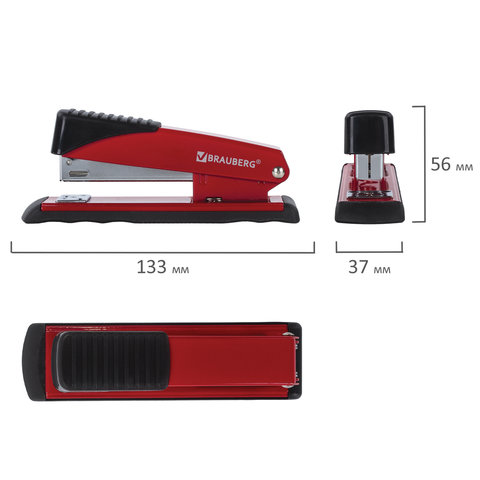 Степлер №24/6, 26/6 металлический BRAUBERG "Office", до 30 листов, красный, 228613
