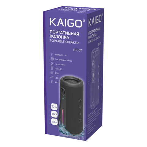 Колонка портативная KAIGO (КАЙГО) BT30T, 30 Вт, Bluetooth, USB, Micro SD, AUX, RGB, TWS, IPX7, черная, 514226