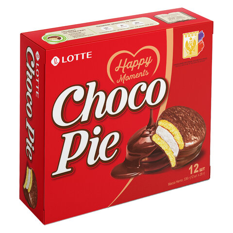 Печенье LOTTE "Choco Pie" ("Чоко Пай"), прослоенное, глазированное, в картонной упаковке, 336 г (12 штук х 28 г)