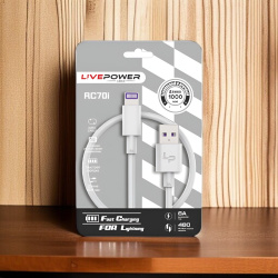 Кабель USB RC70 Lightning, мощность 20W, ток 6А, 1000мм, белый