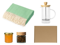 Подарочный набор с пледом, френчпрессом, чаем и вареньем, Цвет зеленый