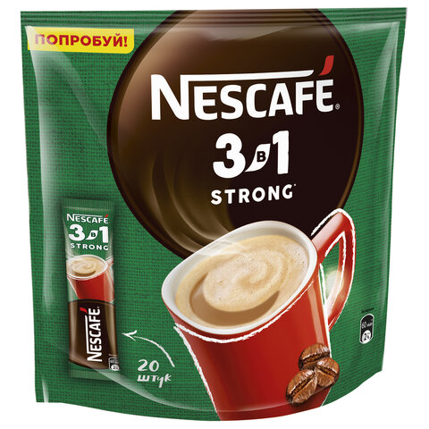 Кофе растворимый порционный NESCAFE "3 в 1 Крепкий", КОМПЛЕКТ 20 пакетиков по 14,5 г, 12460873