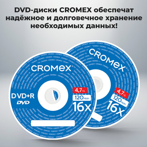 Диски DVD+R (плюс) CROMEX, 4,7 Gb, 16x, Bulk (термоусадка без шпиля), КОМПЛЕКТ 50 шт., 513774