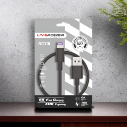 Кабель USB RC70 Lightning, мощность 20W, ток 6А, 2000мм, черный