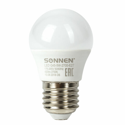 Лампа светодиодная SONNEN, 5 (40) Вт, цоколь E27, шар, теплый белый свет, 30000 ч, LED G45-5W-2700-E27, 453699