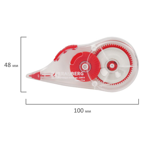 Корректирующая лента BRAUBERG, 5 мм х 12 м, корпус прозрачный, механизм перемотки, блистер, 226814