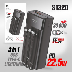 Внешний АКБ (Power bank) Deespi  DP24 30000mAh PD20W/Fast 22.5W/Display/с проводами (Black)