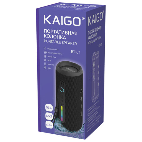 Колонка портативная KAIGO (КАЙГО) BT16T, 10 Вт, Bluetooth, Micro SD, AUX, RGB, TWS, IPX7, черная, 514225