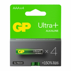 Батарейки КОМПЛЕКТ 4 шт., GP Ultra Plus G-Tech, AAA (LR03), алкалиновые, мизинчиковые, 24AUPA21-2CRSB4