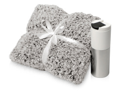 Подарочный набор «Хюгге» с пледом и термокружкой, Цвет плед- бело-черный, термокружка- белый/серебристый