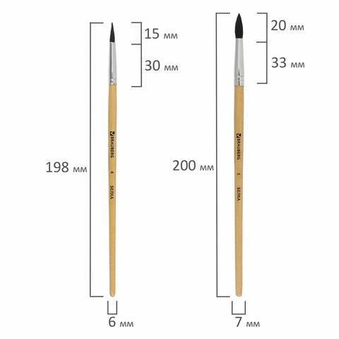Кисти BRAUBERG, набор 5 шт. (белка, круглые № 1, 2, 3, 4, 5), блистер, 200217
