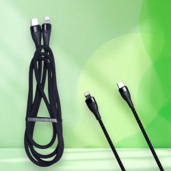 Кабель PD70 USB Type-C - Lightning, длина 1000мм, мощность 20Вт, тканевый, черный / Прочность и стиль для современных устройств