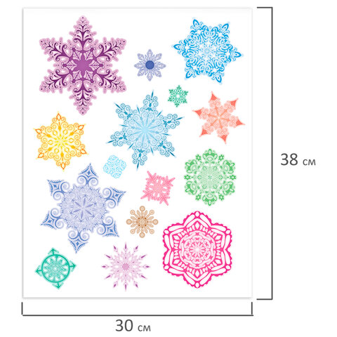 Украшение для окон и стекла ЗОЛОТАЯ СКАЗКА "Разноцветные снежинки 2", 30х38 см, ПВХ, 591212