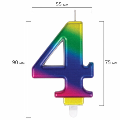 Свеча-цифра для торта "4" "Радужная", 9 см, ЗОЛОТАЯ СКАЗКА, с держателем, в блистере, 591437