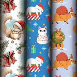 Бумага упаковочная новогодняя НАБОР 3 шт., "X-mas animals", 70х100 см, 3 дизайна, ЗОЛОТАЯ СКАЗКА, 592610