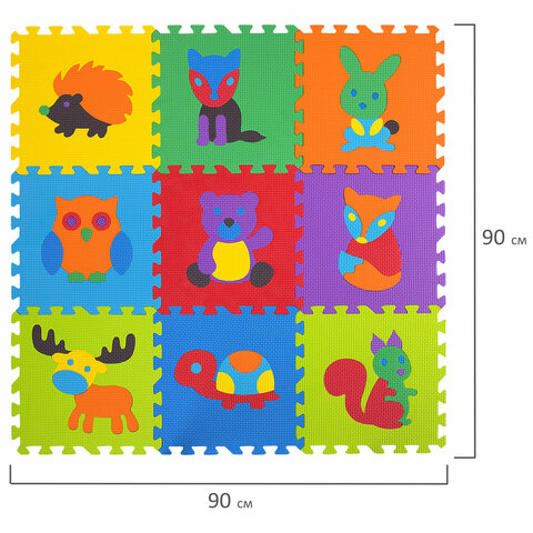 Коврик-пазл напольный 0,9х0,9 м мягкий "Зверушки", 9 частей 30х30 см, толщина 1 см, ЮНЛАНДИЯ, 664666